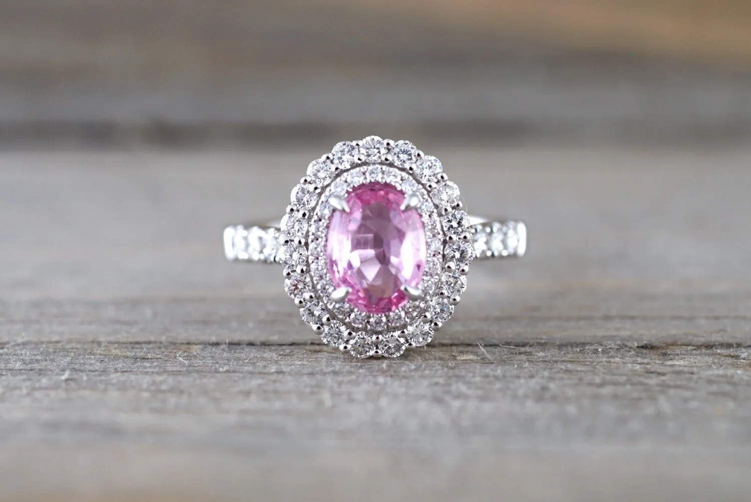 18k White Gold Oval Light Pink Sapphire Diamond Double Halo Split Shank