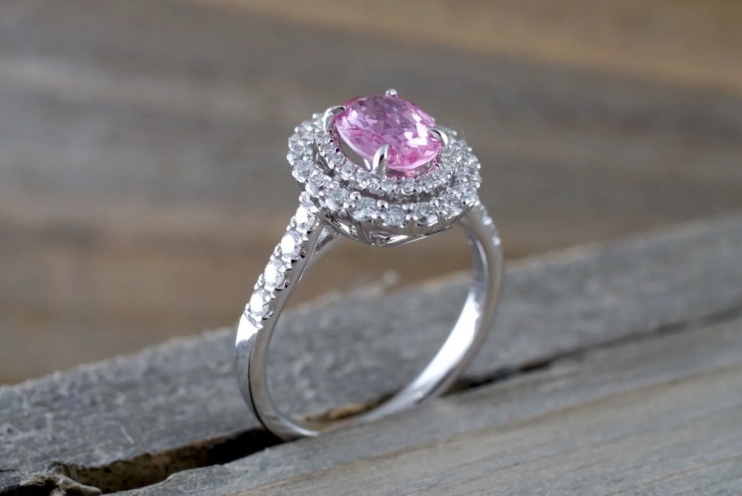 18k White Gold Oval Light Pink Sapphire Diamond Double Halo Split Shank