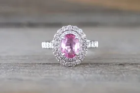 18k White Gold Oval Light Pink Sapphire Diamond Double Halo Split Shank