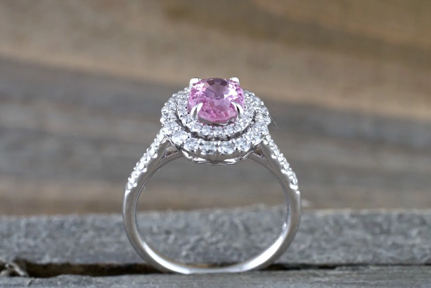 18k White Gold Oval Light Pink Sapphire Diamond Double Halo Split Shank