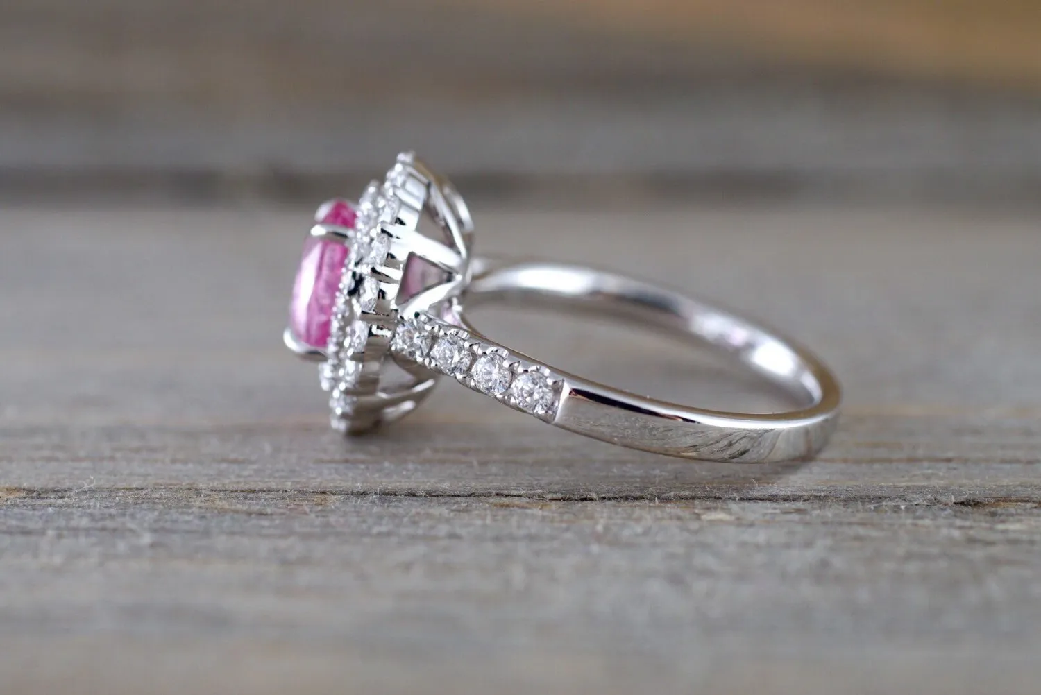 18k White Gold Oval Light Pink Sapphire Diamond Double Halo Split Shank