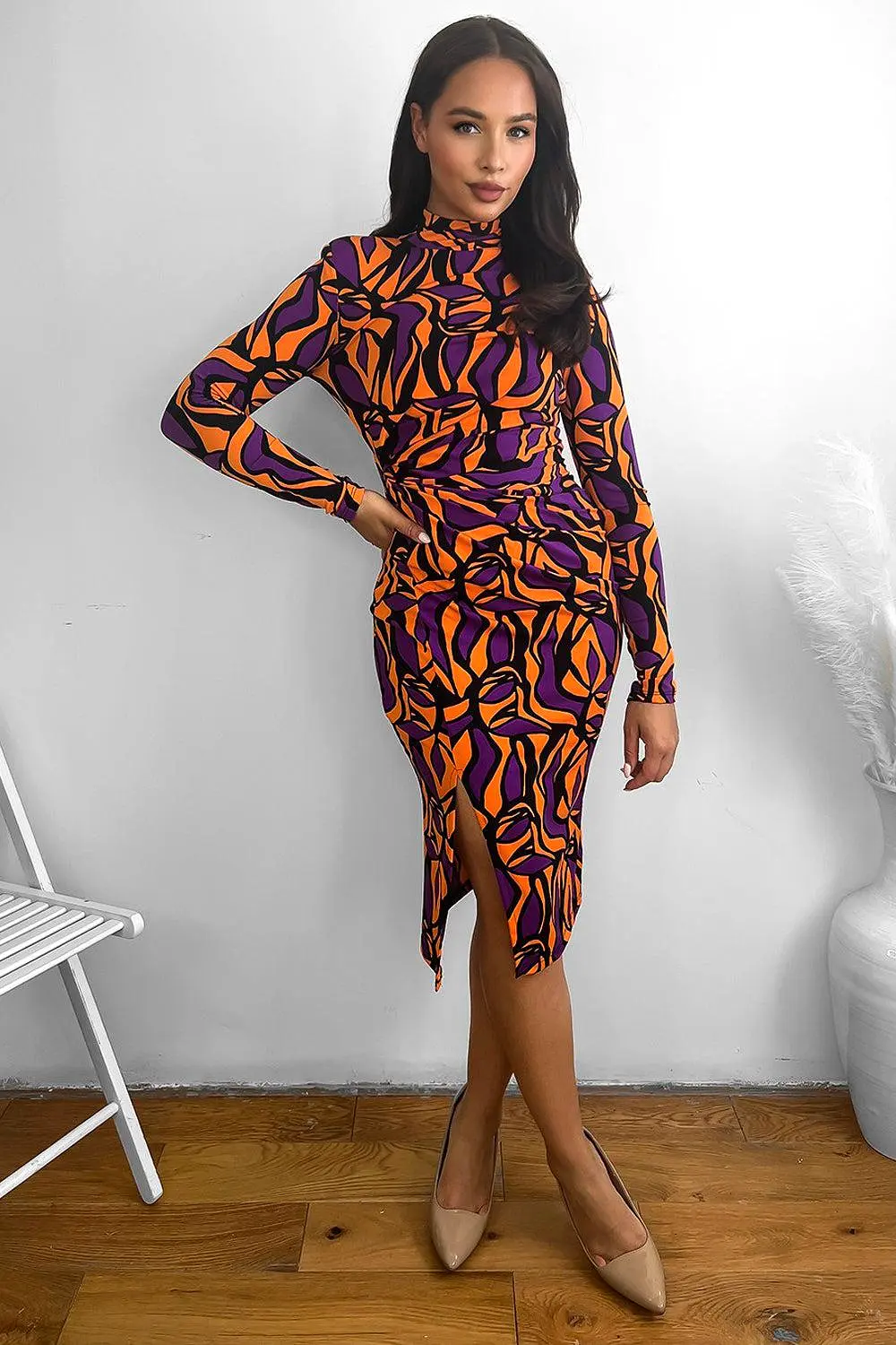 Abstract Multicolour Print High Neck Slinky Dress