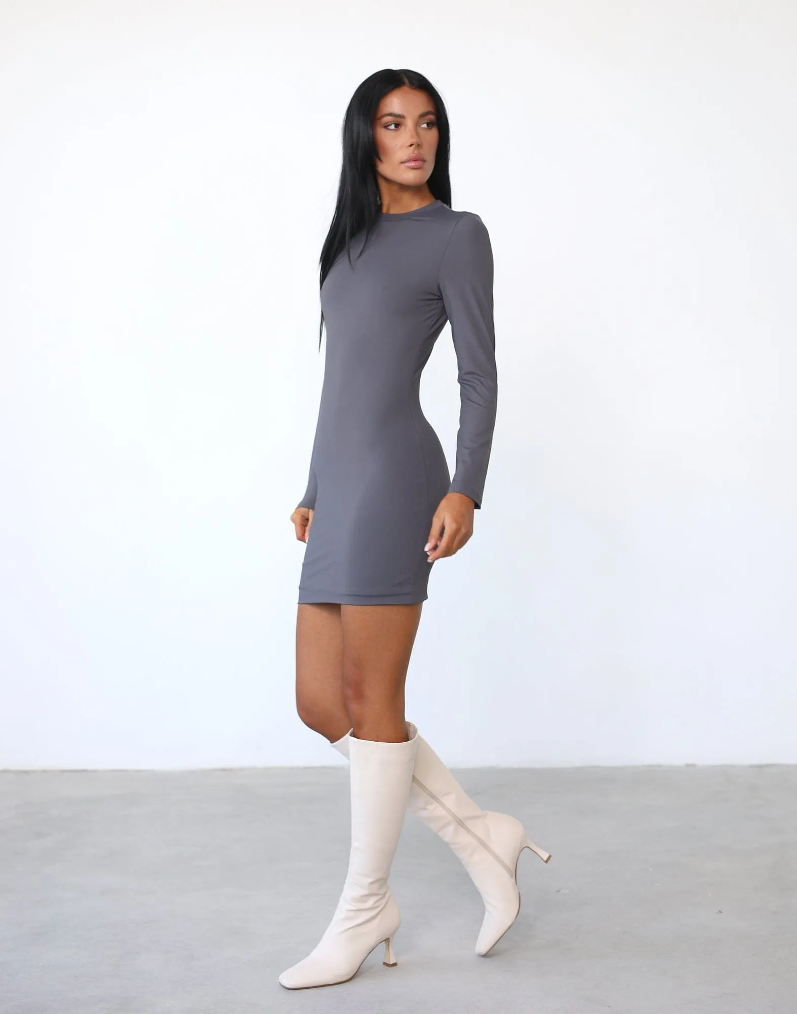 Alliyah Long Sleeve Mini Dress (Charcoal)