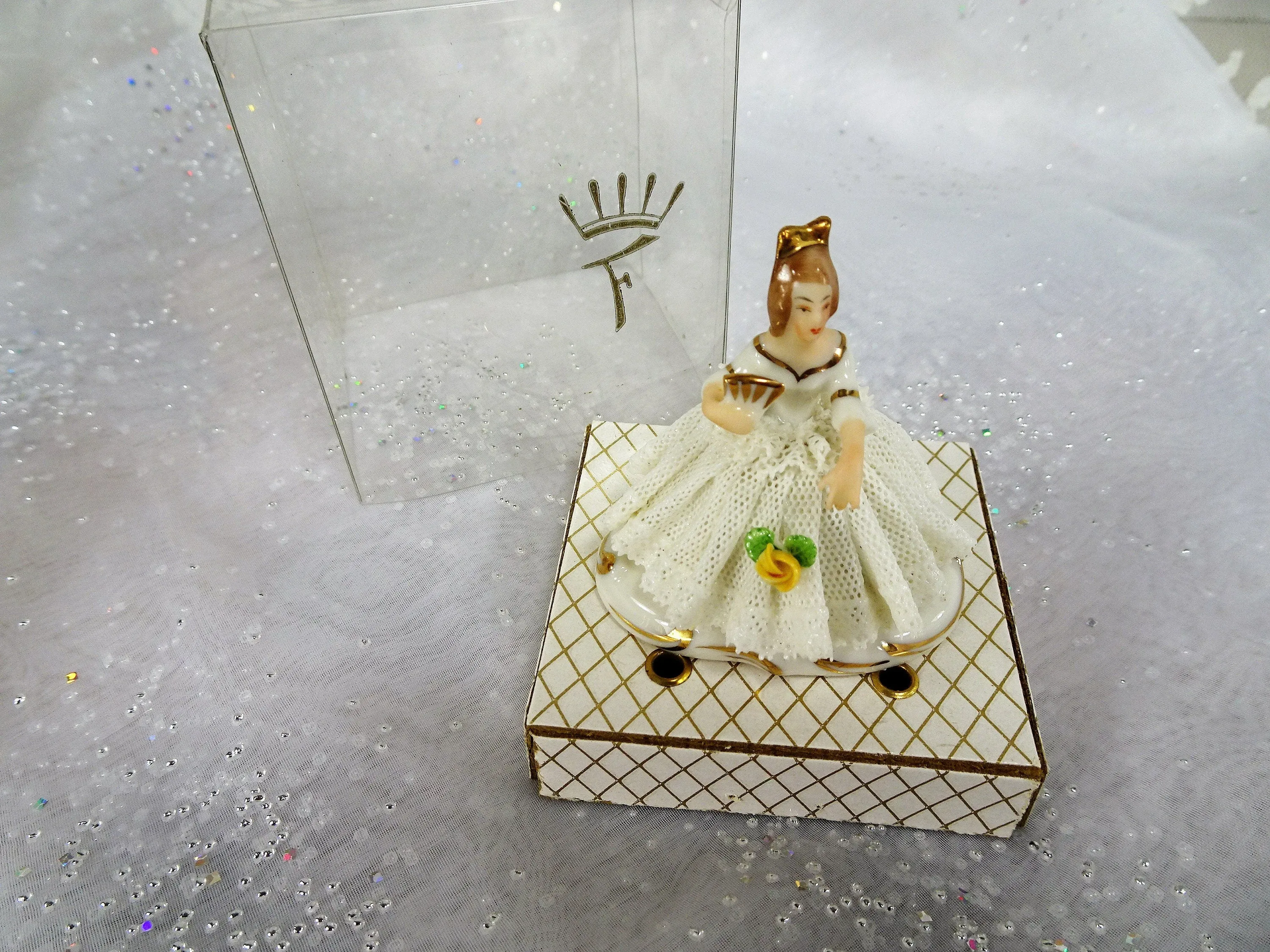 ANTIQUE Dresden Doll Figurine In ORIGINAL Box,Miniature Dresden Porcelain Figurine,Porcelain Lace Dress,Holding Fan,Collectible 