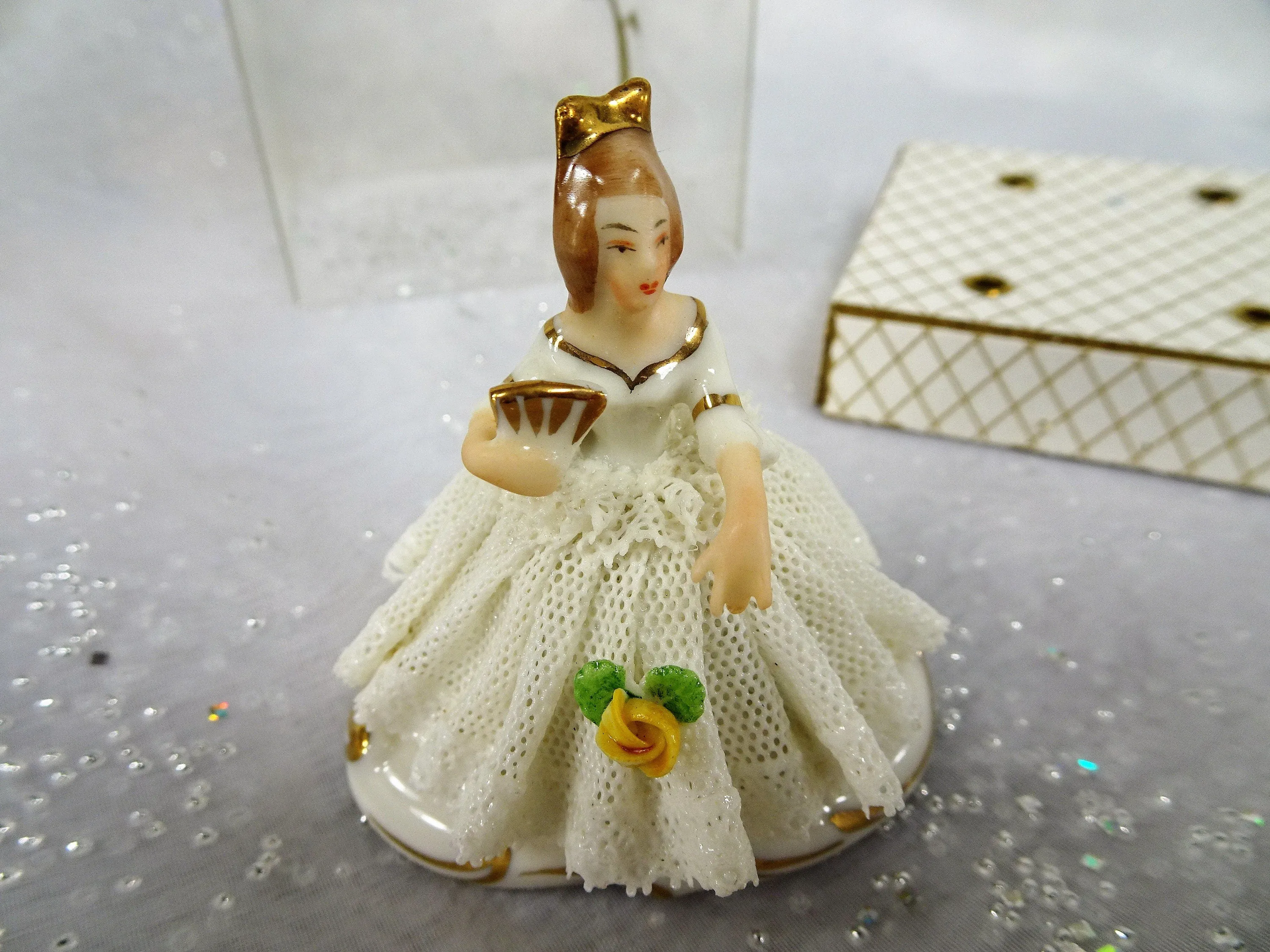 ANTIQUE Dresden Doll Figurine In ORIGINAL Box,Miniature Dresden Porcelain Figurine,Porcelain Lace Dress,Holding Fan,Collectible 