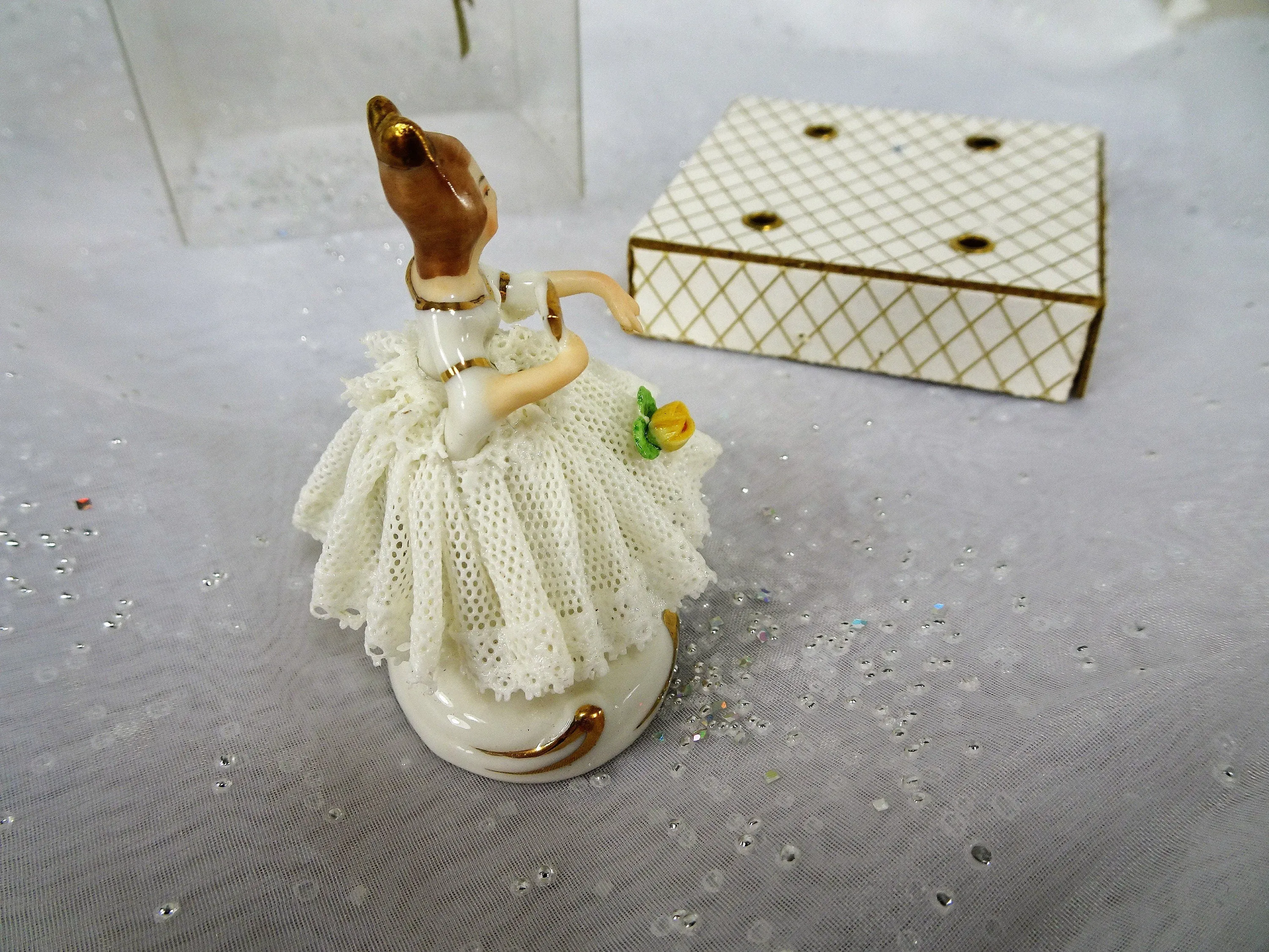 ANTIQUE Dresden Doll Figurine In ORIGINAL Box,Miniature Dresden Porcelain Figurine,Porcelain Lace Dress,Holding Fan,Collectible 