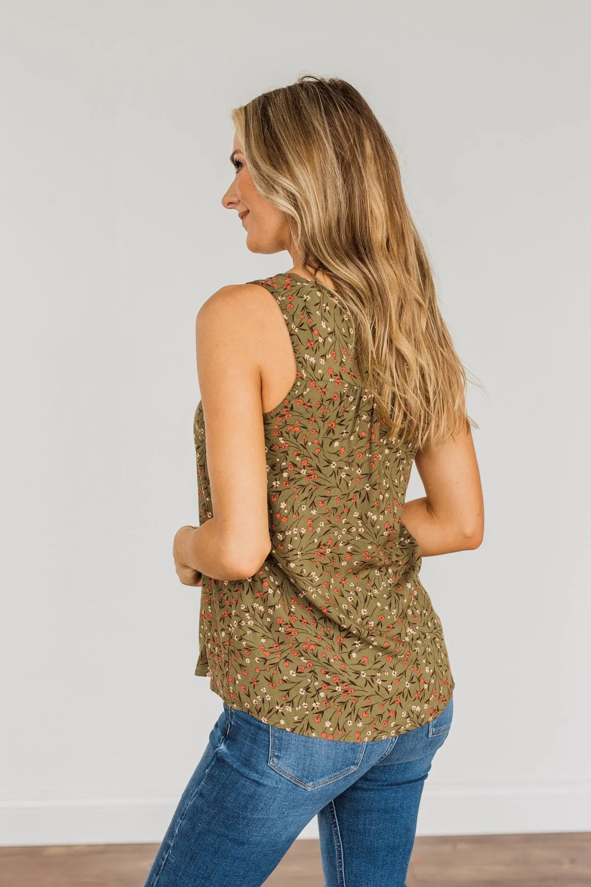 Apple Pie & Autumn Skies Floral Tank Top- Dark Olive