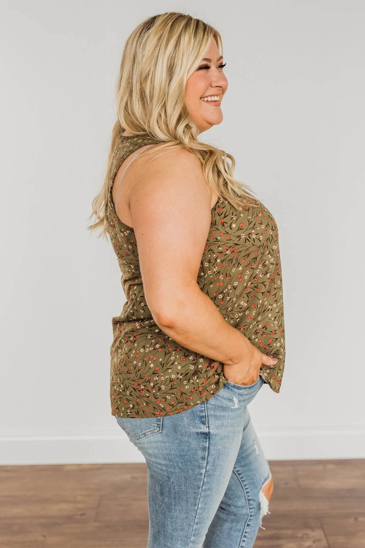 Apple Pie & Autumn Skies Floral Tank Top- Dark Olive