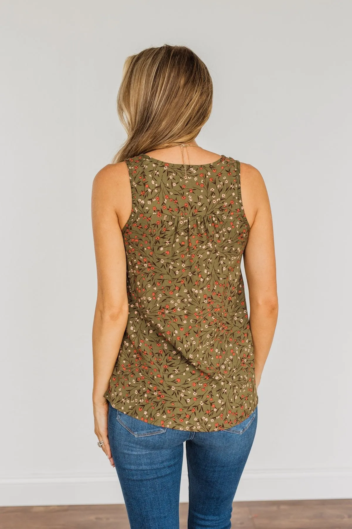 Apple Pie & Autumn Skies Floral Tank Top- Dark Olive