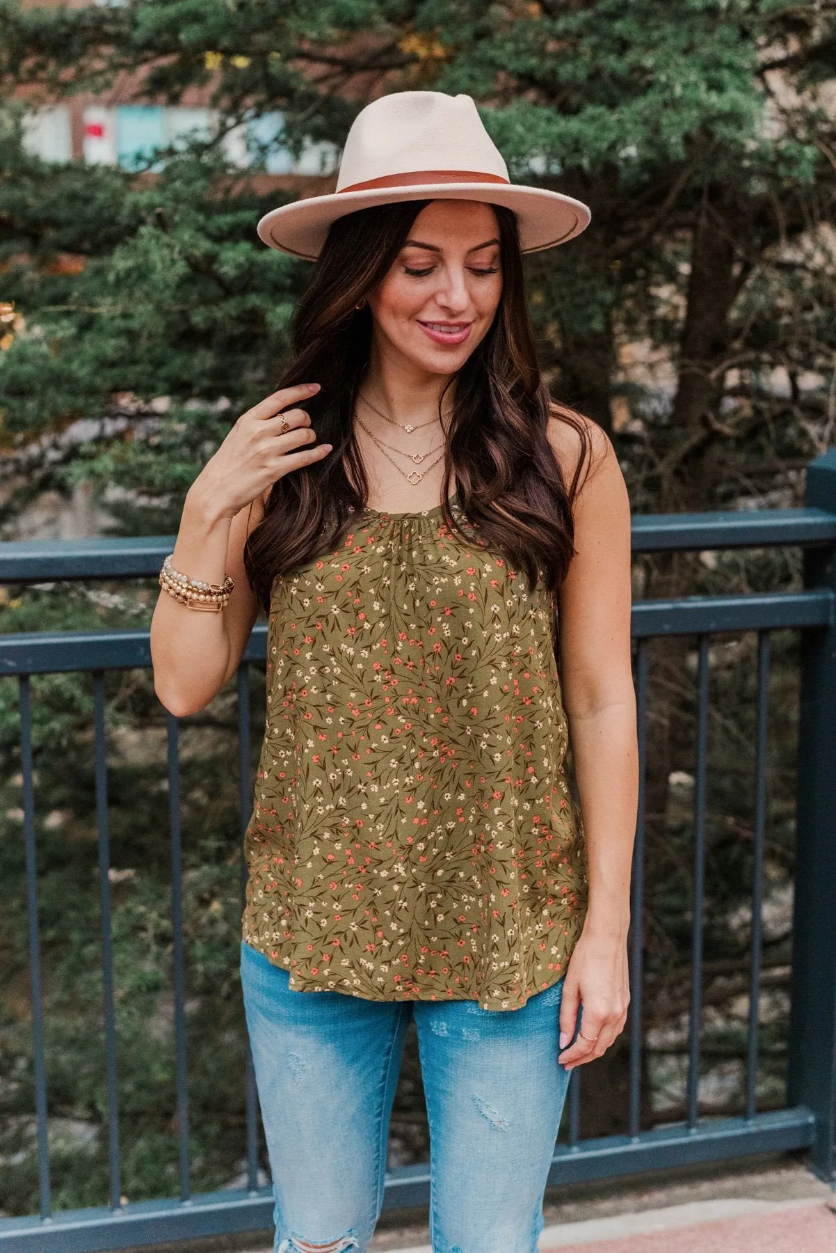 Apple Pie & Autumn Skies Floral Tank Top- Dark Olive