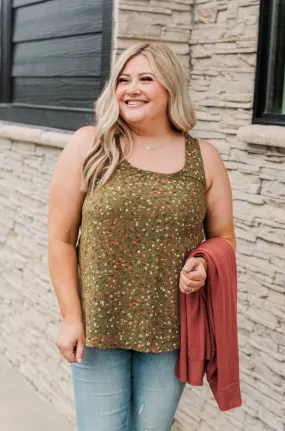 Apple Pie & Autumn Skies Floral Tank Top- Dark Olive