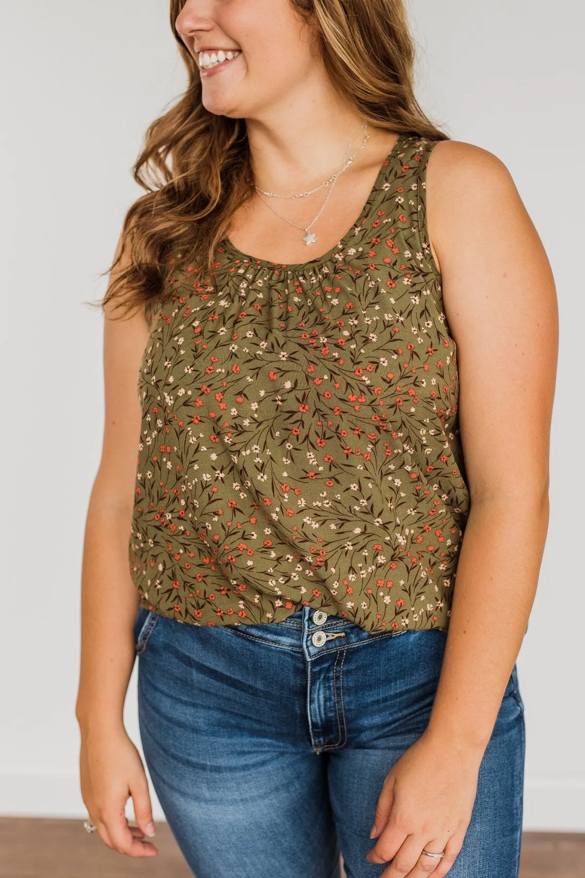 Apple Pie & Autumn Skies Floral Tank Top- Dark Olive