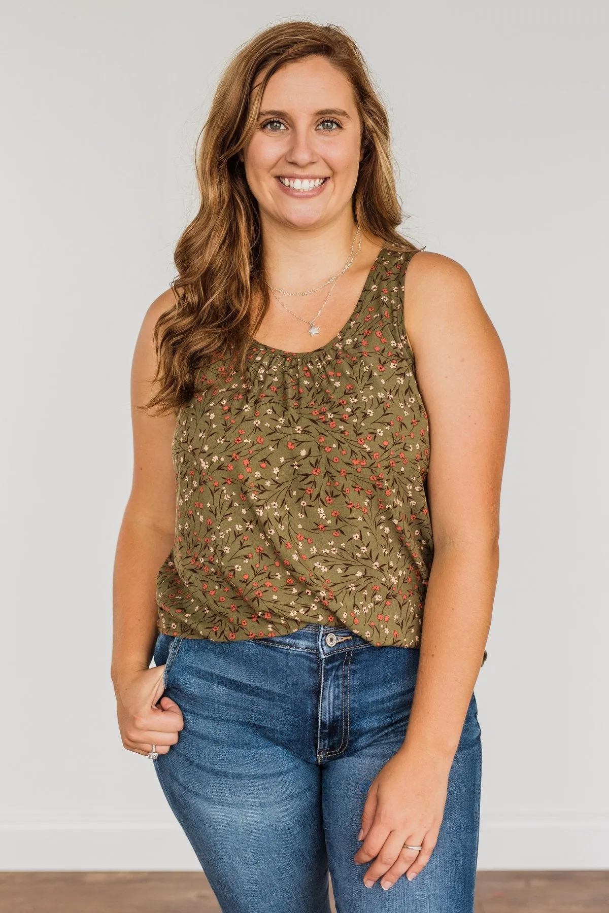 Apple Pie & Autumn Skies Floral Tank Top- Dark Olive