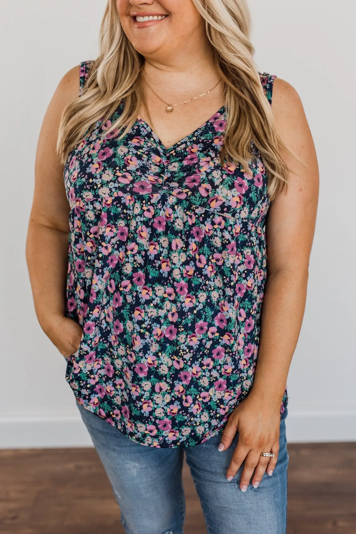 As Fair As A Rose Floral Babydoll Tank Top- Navy