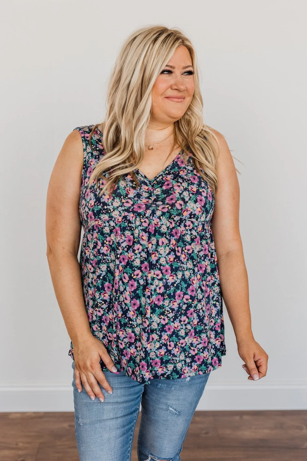 As Fair As A Rose Floral Babydoll Tank Top- Navy