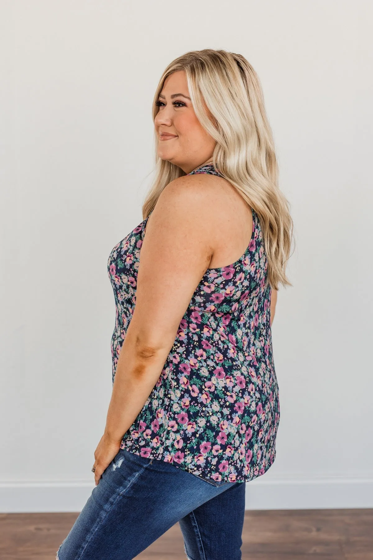 Center Of Attention Floral Tank Top- Navy