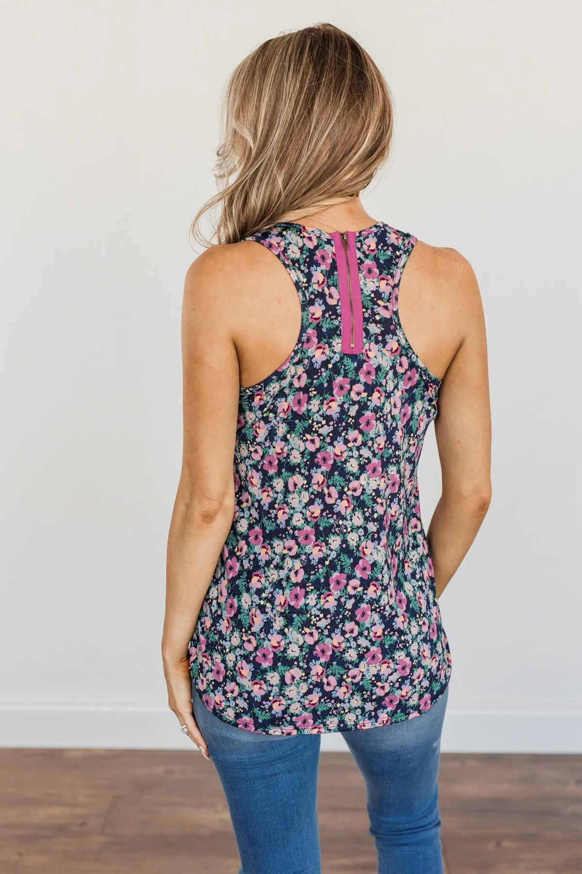 Center Of Attention Floral Tank Top- Navy