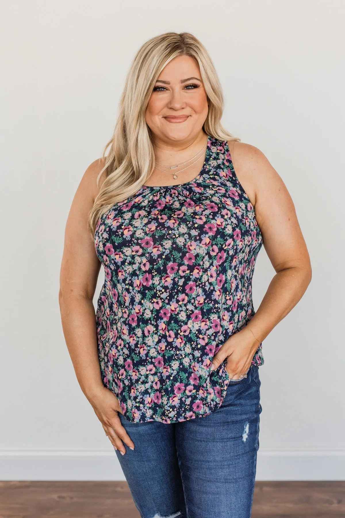 Center Of Attention Floral Tank Top- Navy