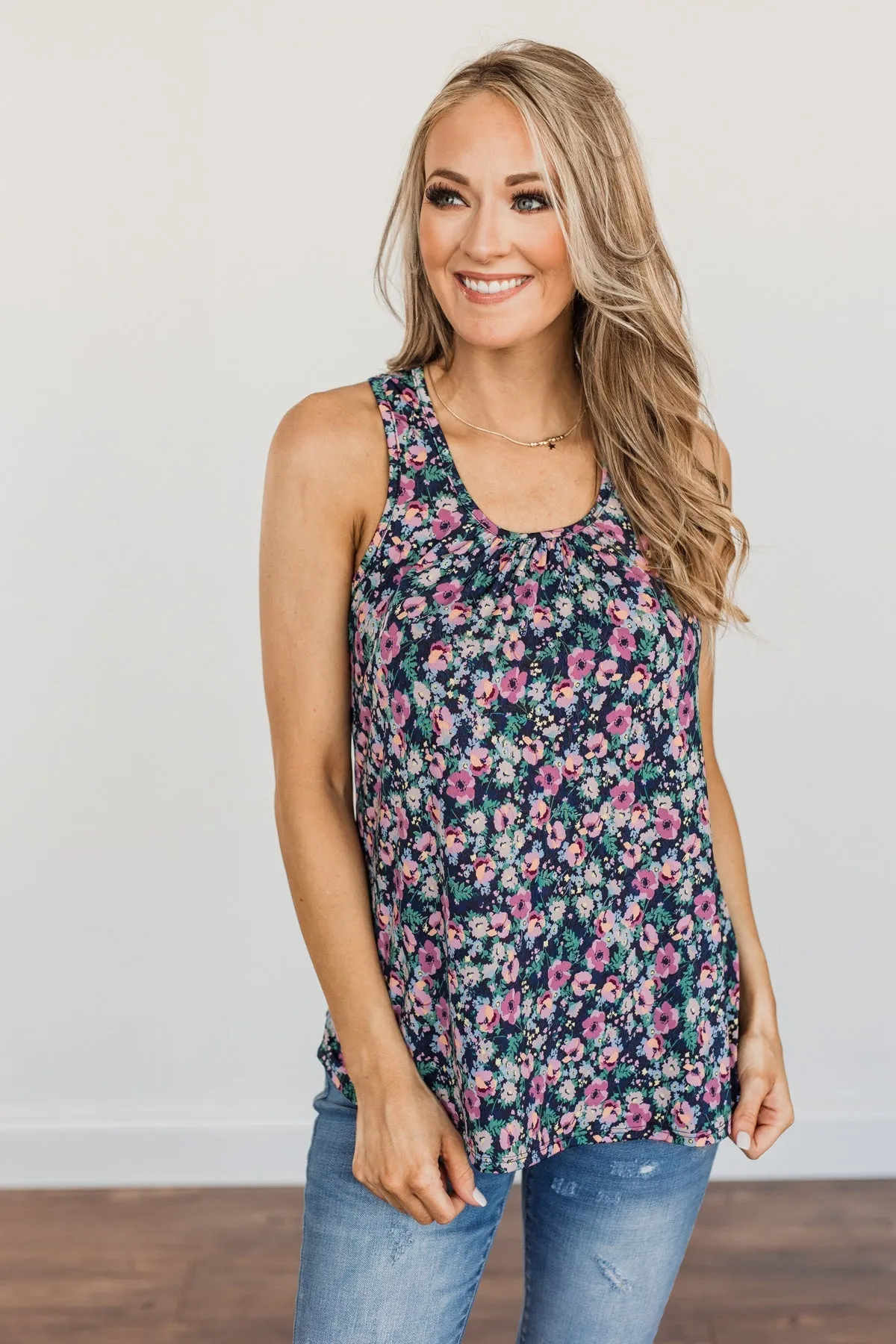 Center Of Attention Floral Tank Top- Navy