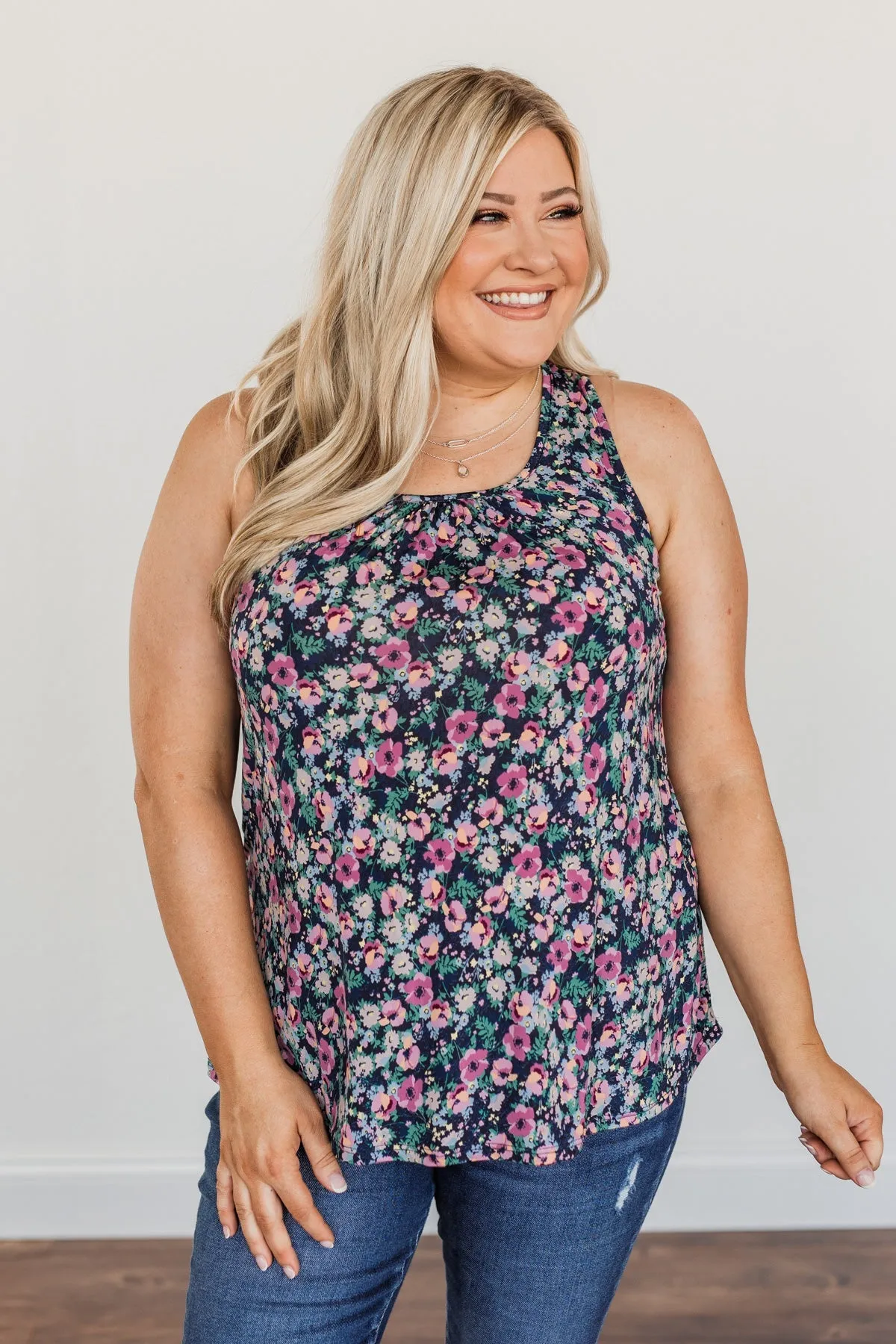 Center Of Attention Floral Tank Top- Navy