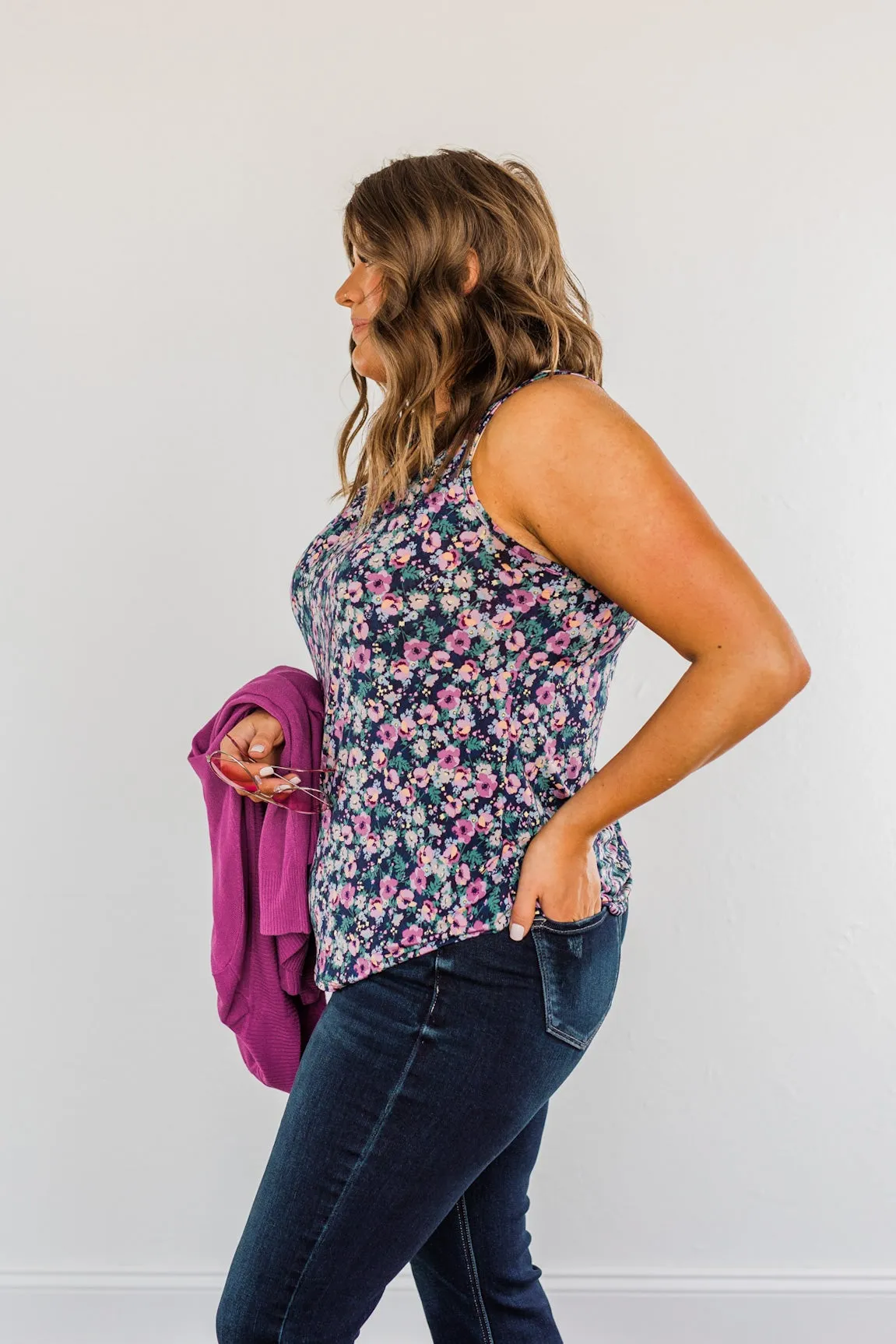 Center Of Attention Floral Tank Top- Navy