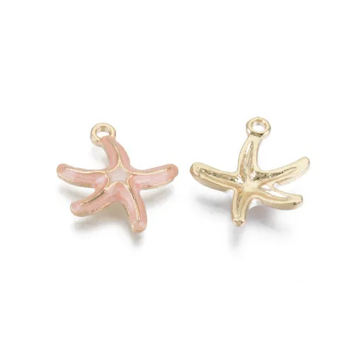 Charms, Starfish, Single-Sided, Pink, Enameled, Light Gold Plated, Alloy, 19.5mm