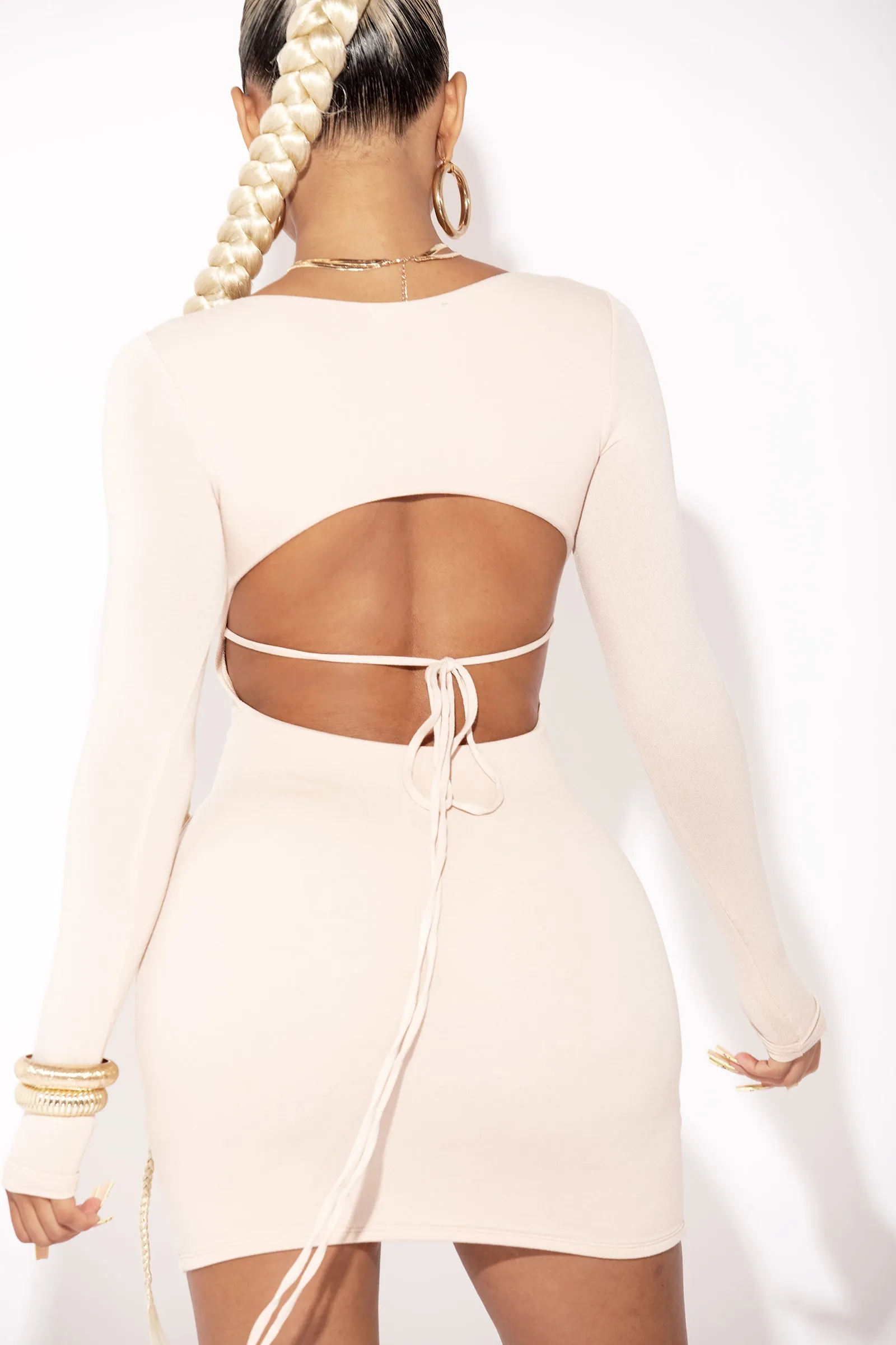 Cream Long Sleeve Seamless Open back Dress