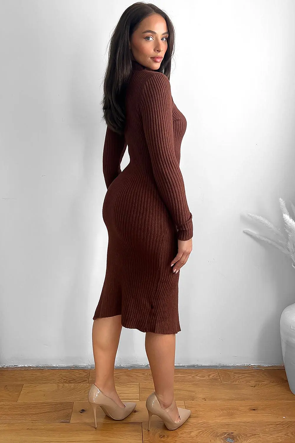 Cut Out Detail High Neck Knitted Midi Dress