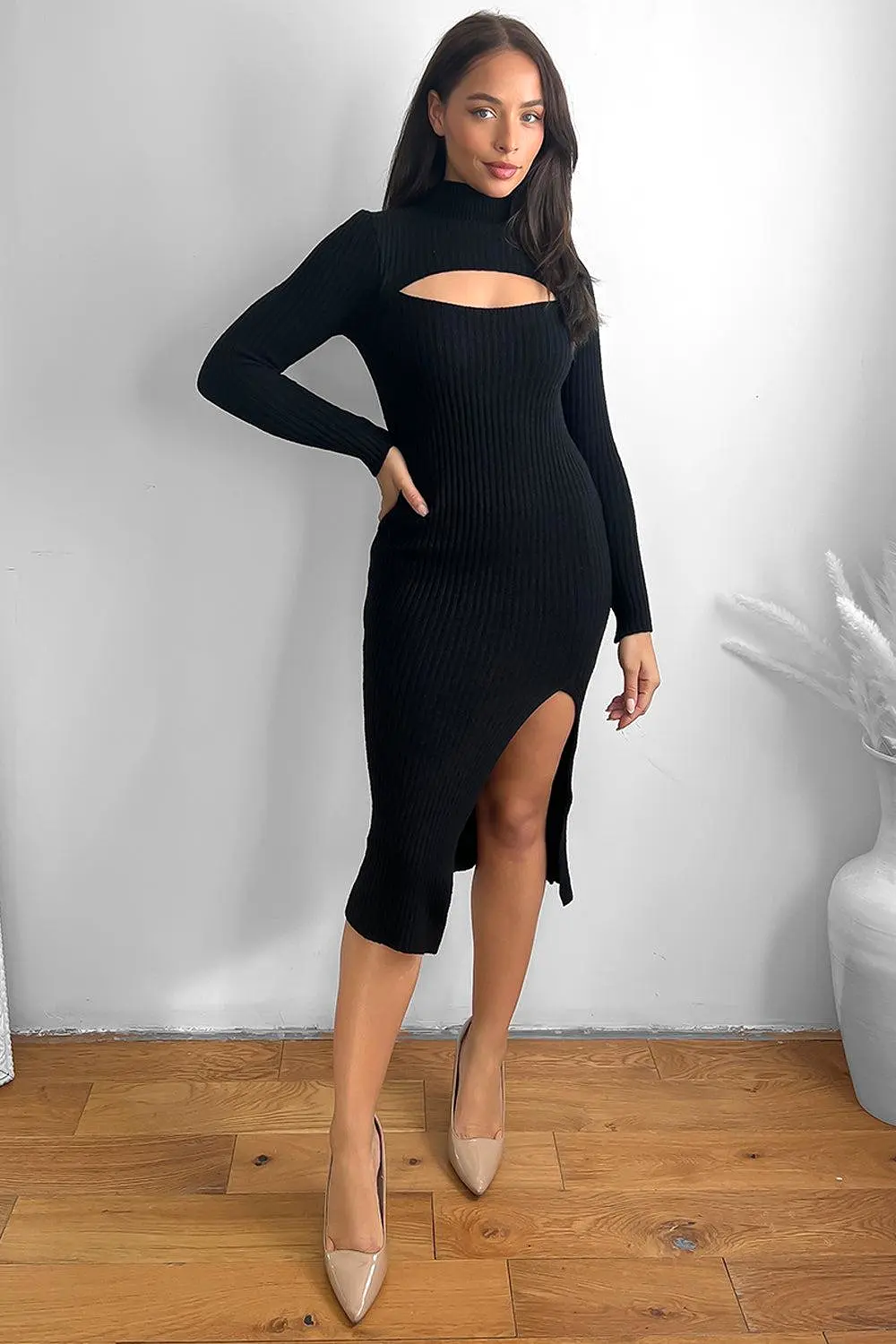 Cut Out Detail High Neck Knitted Midi Dress