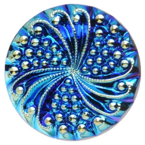 Czech Glass, Engraved Round Buttons with Swirl 23mm, Blue AB on Jet (2 Pieces)