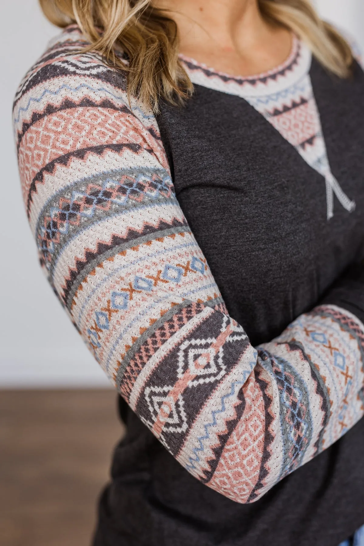 Fearless Looks Aztec Print Top- Charcoal