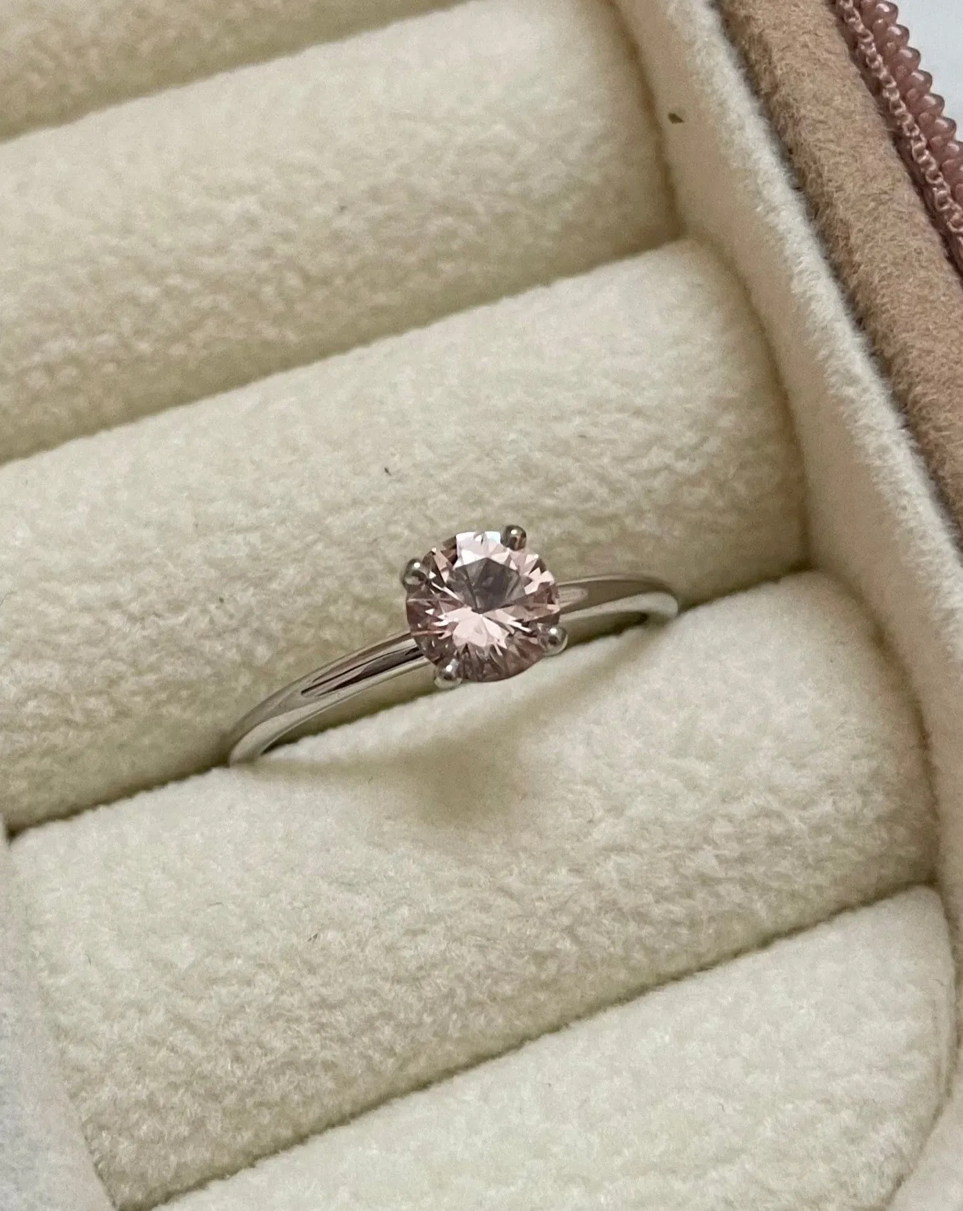 Finished: Low Set Solitaire Ring in White Gold with Light Pink Morganite