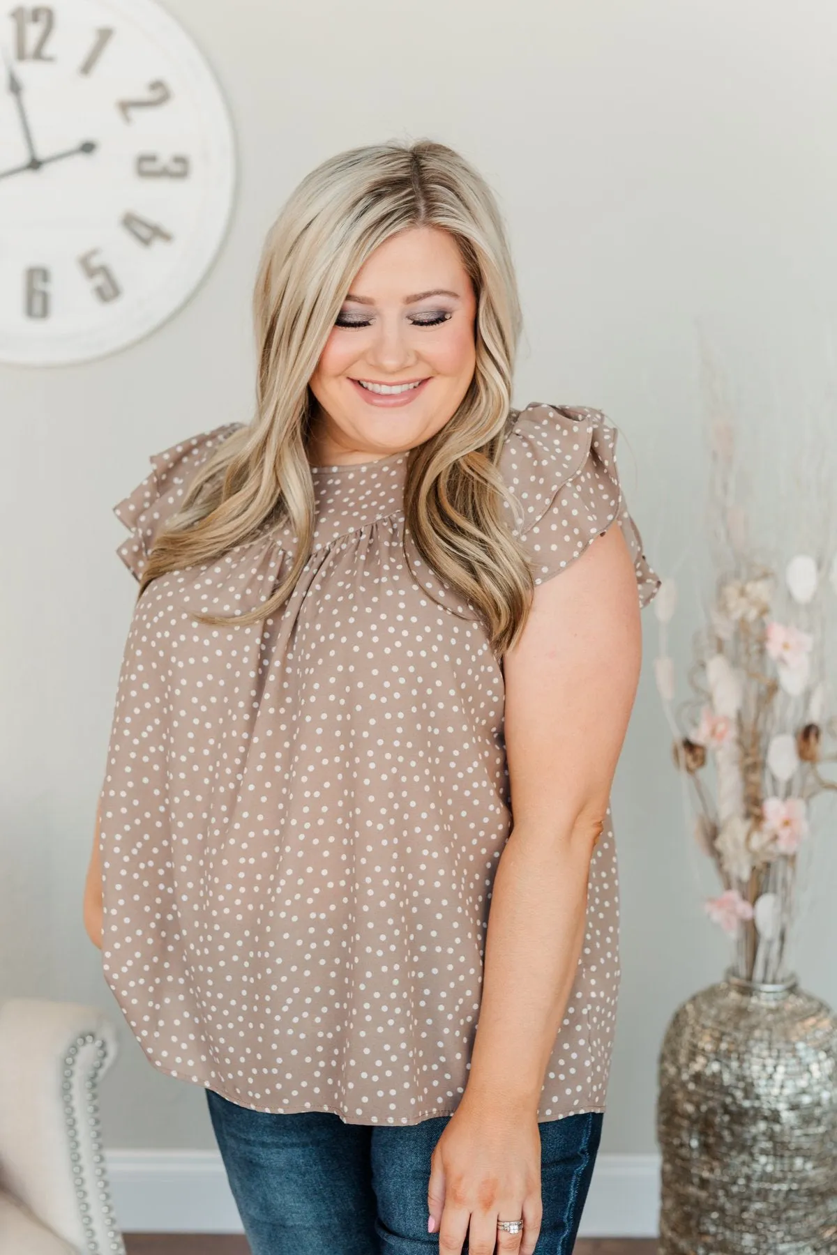 Follow Your Dreams Polka Dot Blouse- Taupe