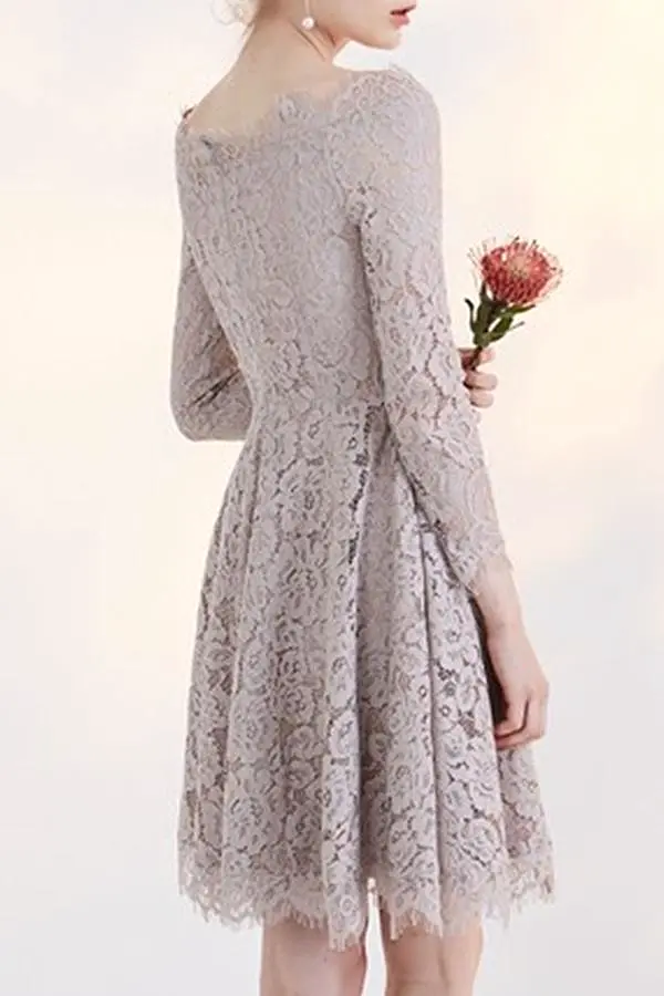 Gray A Line Long Sleeve Lace Appliques Short Homecoming Dresses