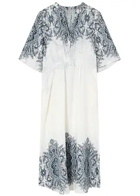 Gustav Hali long dress 53534 Kjole - White w. Blue Print