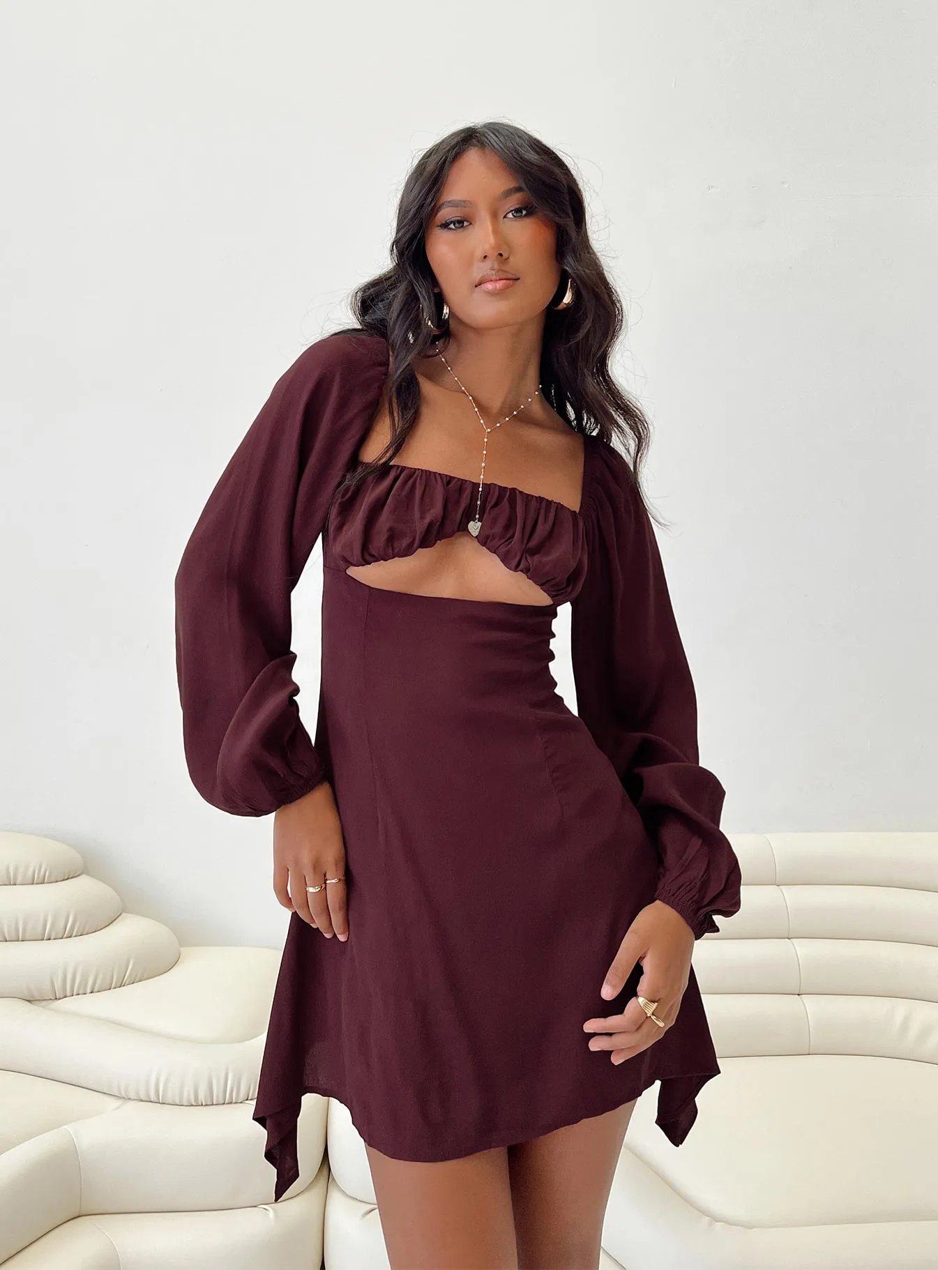 Haven Long Sleeve Mini Dress Burgundy