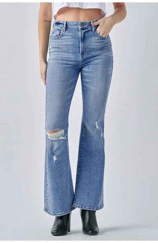 Hidden Distressed Stretch Flare Jeans