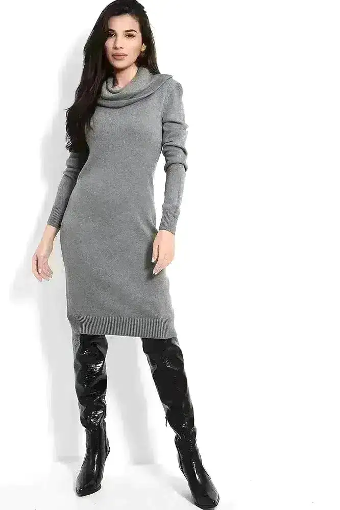 High Cowl Neck Midi Knitted Dress