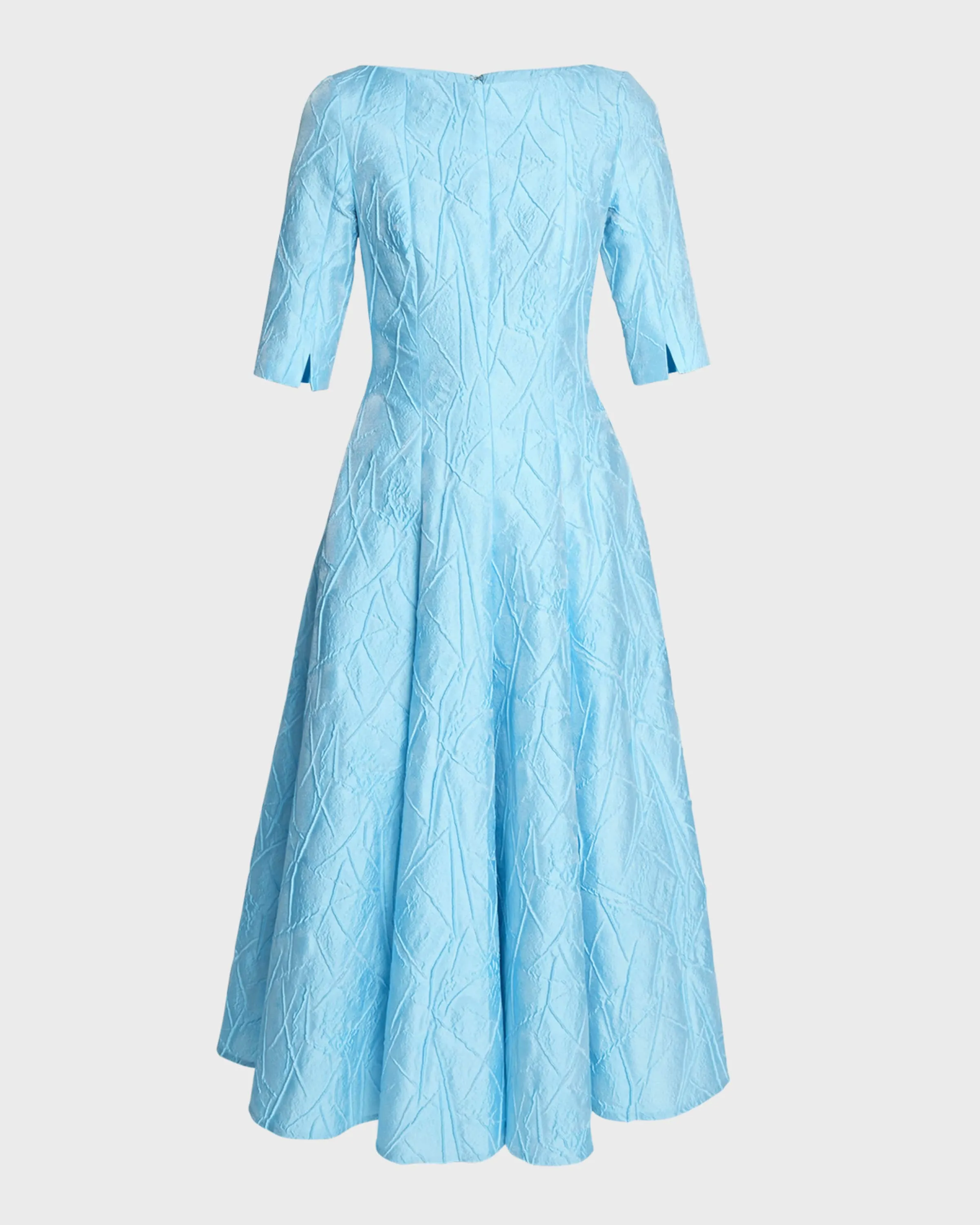 High-Neck Elbow-Sleeve Mikado Jacquard Midi Dress