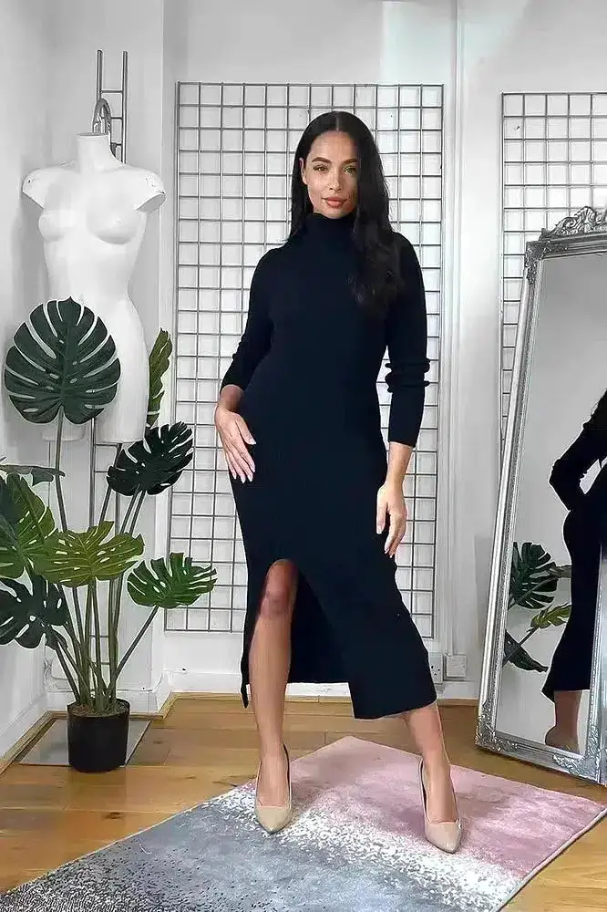 High Neck Leg Split Knitted Midi Dress