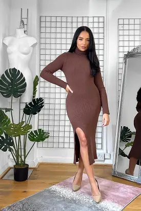 High Neck Leg Split Knitted Midi Dress