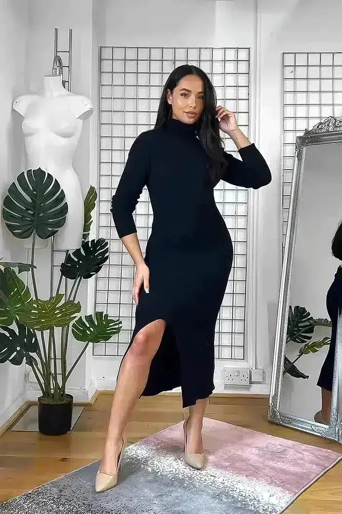 High Neck Leg Split Knitted Midi Dress