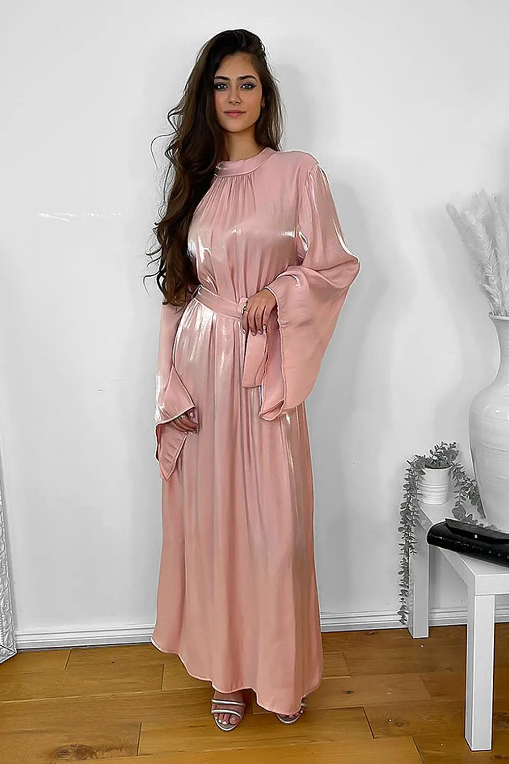 High Neck Wide Sleeves Pleated Satin Modest Dress