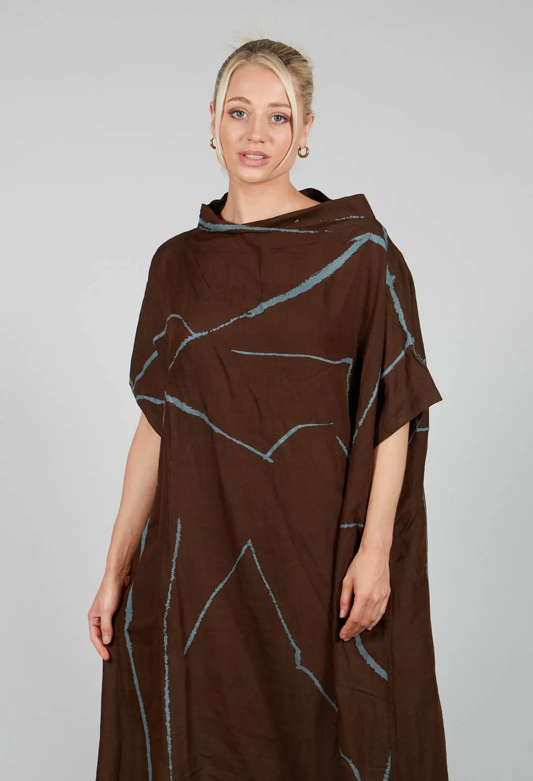 High Neckline Dress in Brown Print