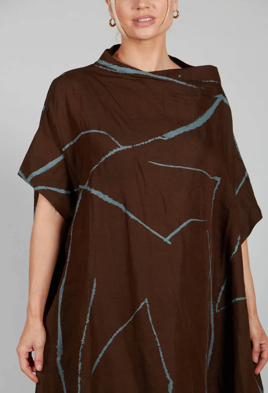 High Neckline Dress in Brown Print