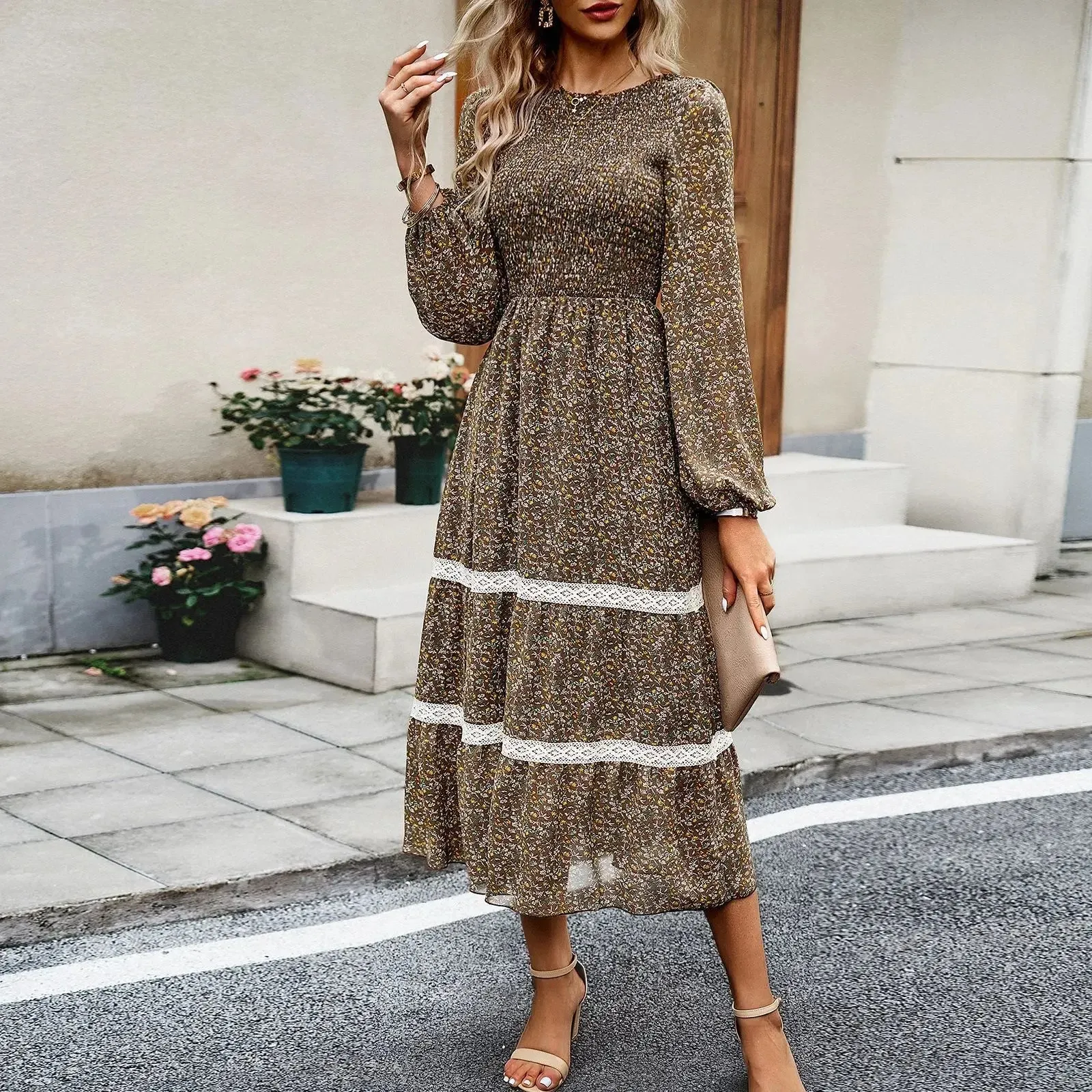 High Waist Pleated Printed Dress Fashion Elegant Long Dress