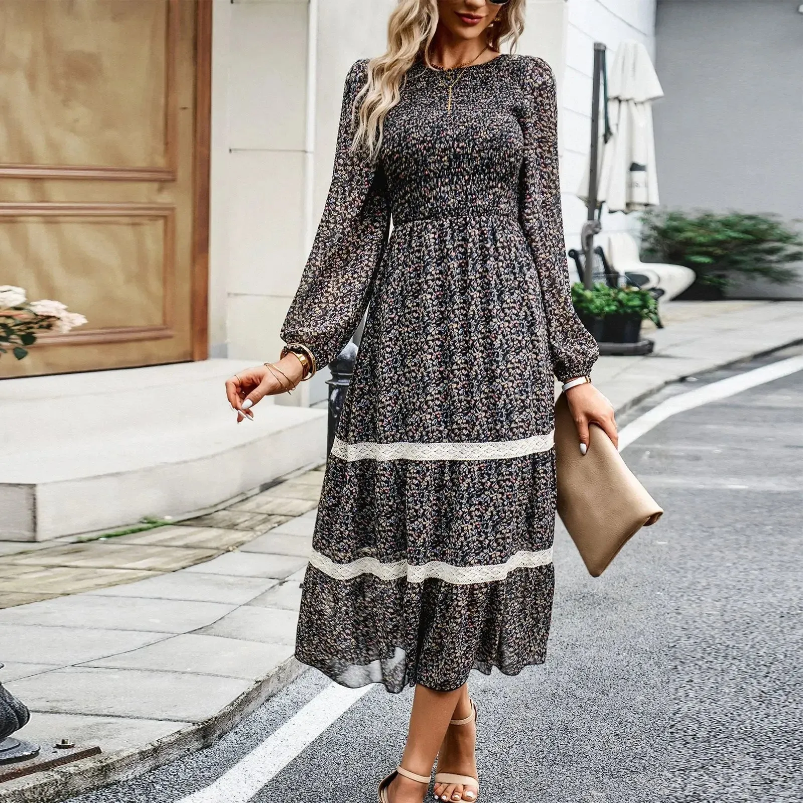 High Waist Pleated Printed Dress Fashion Elegant Long Dress