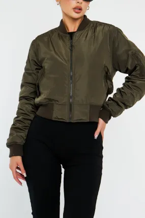 Khaki Zip Front Bomber Jacket - Jiya