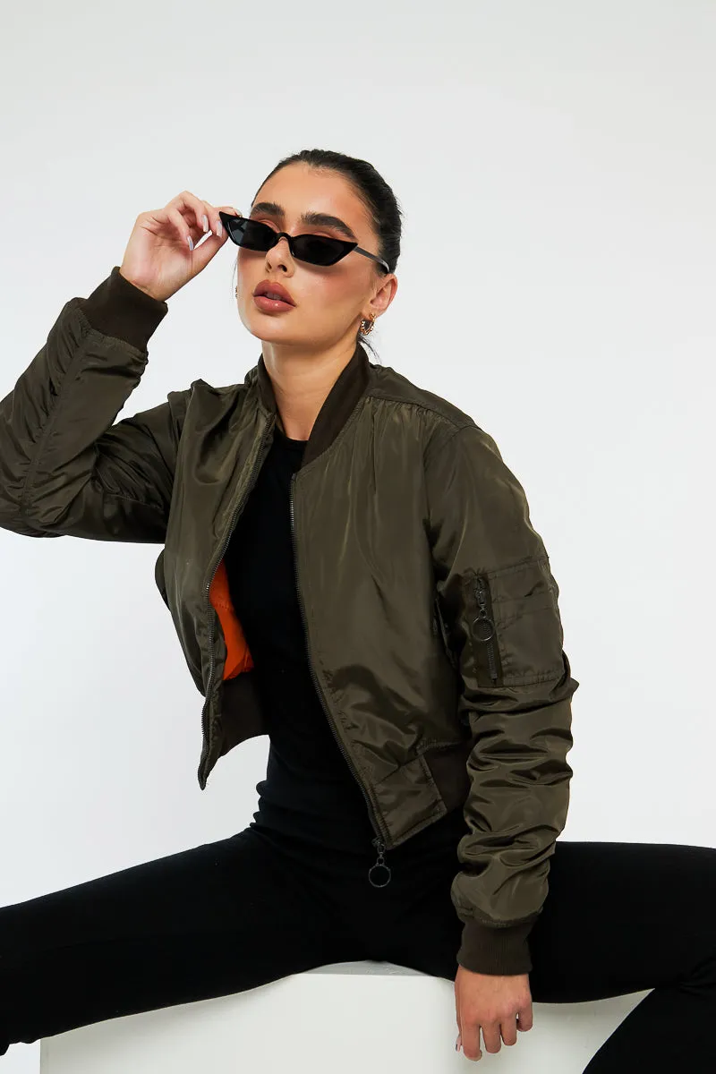 Khaki Zip Front Bomber Jacket - Jiya