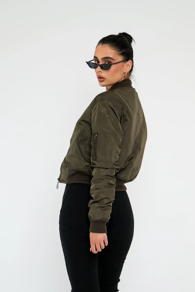 Khaki Zip Front Bomber Jacket - Jiya